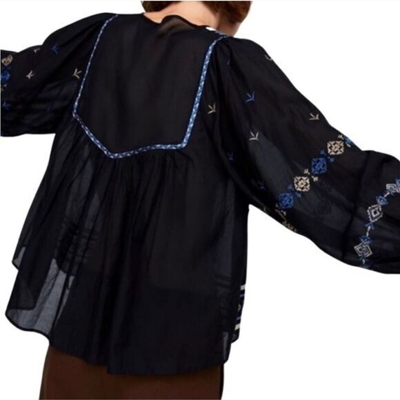 Zara Black Blue Contrast Embroidered Accents Long Sleeve Boho Peasant Blouse M - Picture 3 of 11